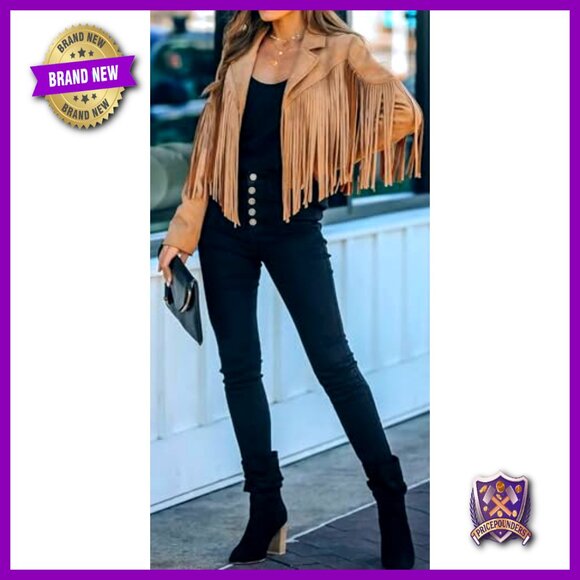 Faux Suede Cropped Jacket Western Fringe Tassel Motorcycle Chic Retro Style - Picture 4 of 7